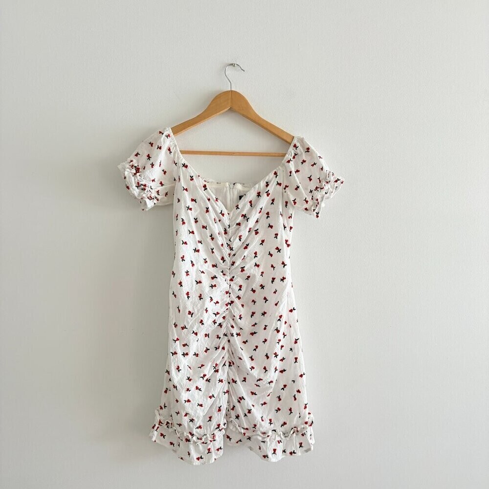 Zara Cherry Puff Sleeve Ruched Mini Dress White Red Size Medium - Picture 6 of 11